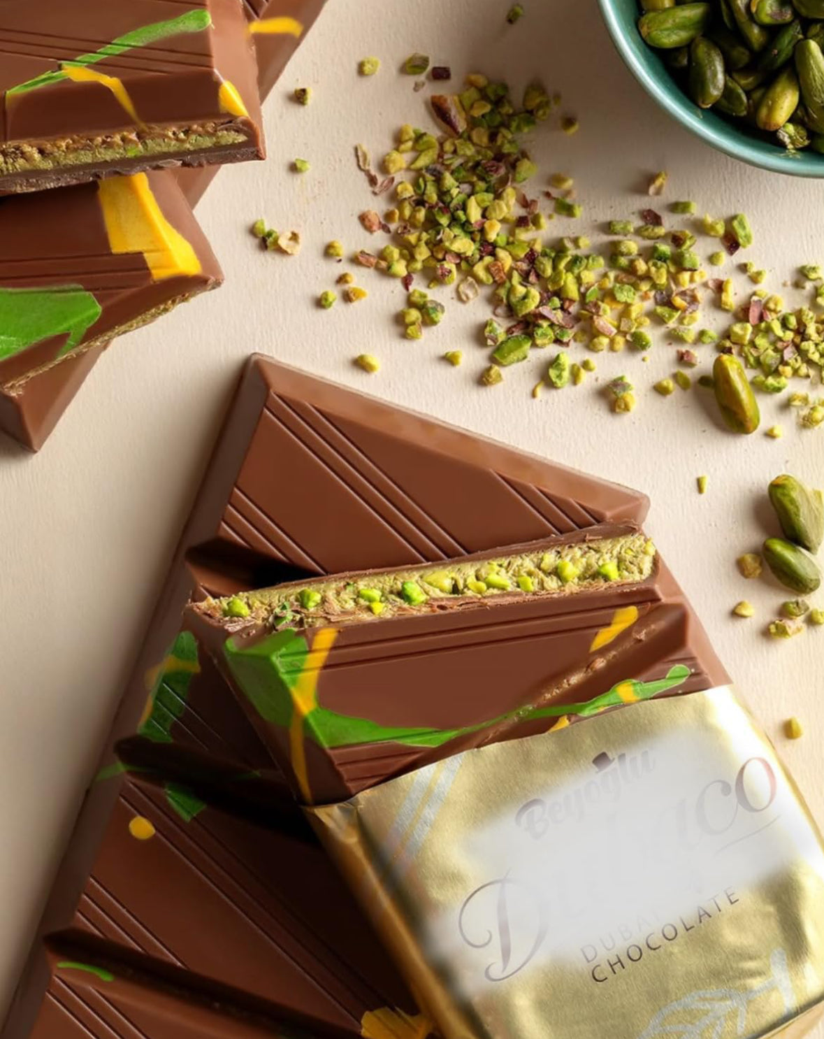 Beyoglu Dubaco Dubai Chocolate Milk Chocolate with Kadayif and Pistachio Cream- 200 Gram. Ships in Cold Thermal Packaging