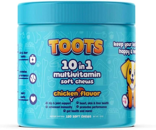 TOOTS 10-in-1 Multivitamin for Dogs – 120ct Chicken Flavor Soft Chews