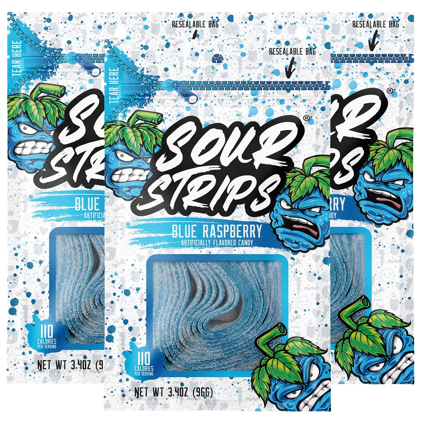 Sour Strips Sour Candy Belts – 3-Pack Resealable Bags (Multiple Flavors)