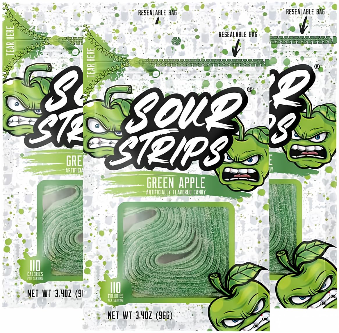 Sour Strips Sour Candy Belts – 3-Pack Resealable Bags (Multiple Flavors)