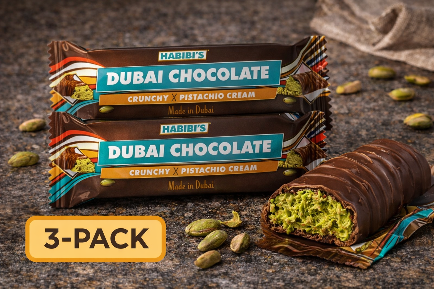 Habibi’s Dubai Pistachio Chocolate Bar – Knafeh Crunch & Creamy Filling (3, 6, 9, or 12-Pack)