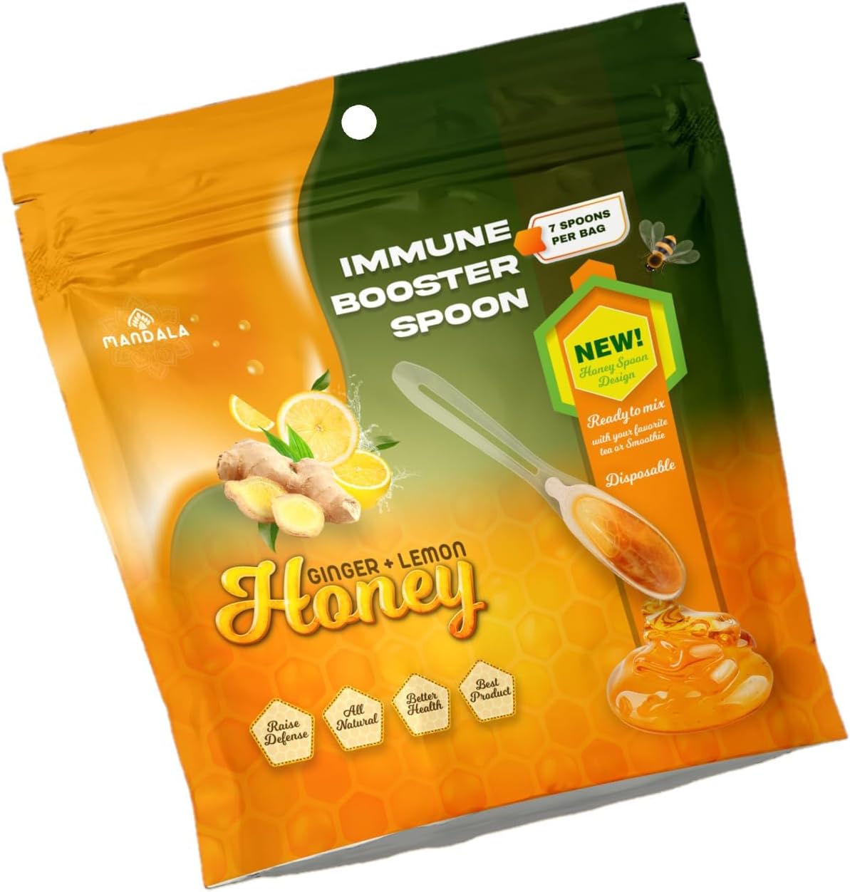Mandala Immune Booster Spoons – Ginger Lemon Honey (7-Pack, Disposable Spoons)