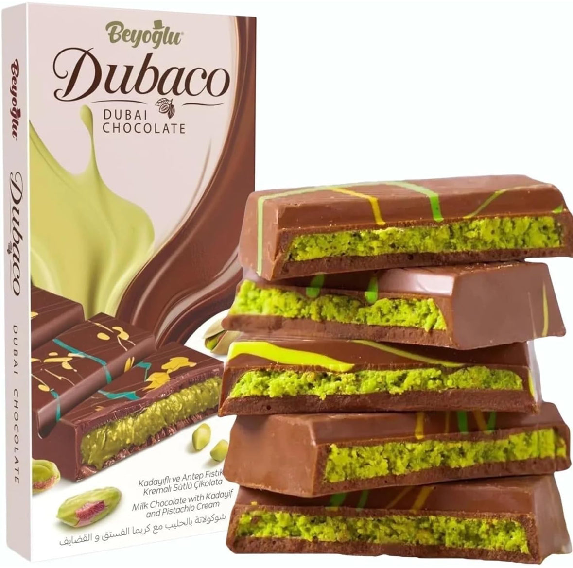 Beyoglu Dubaco Dubai Chocolate Milk Chocolate with Kadayif and Pistachio Cream- 200 Gram. Ships in Cold Thermal Packaging