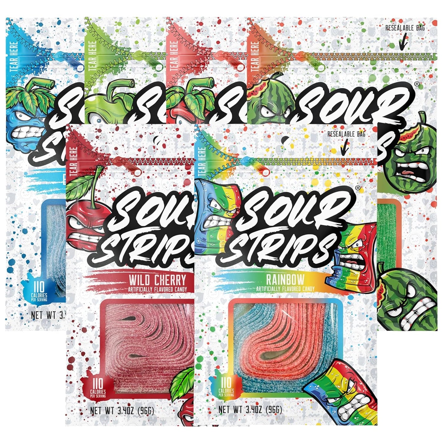 Sour Strips Sour Candy Belts – 6-Pack Variety Resealable Bags (3.4 oz Each)
