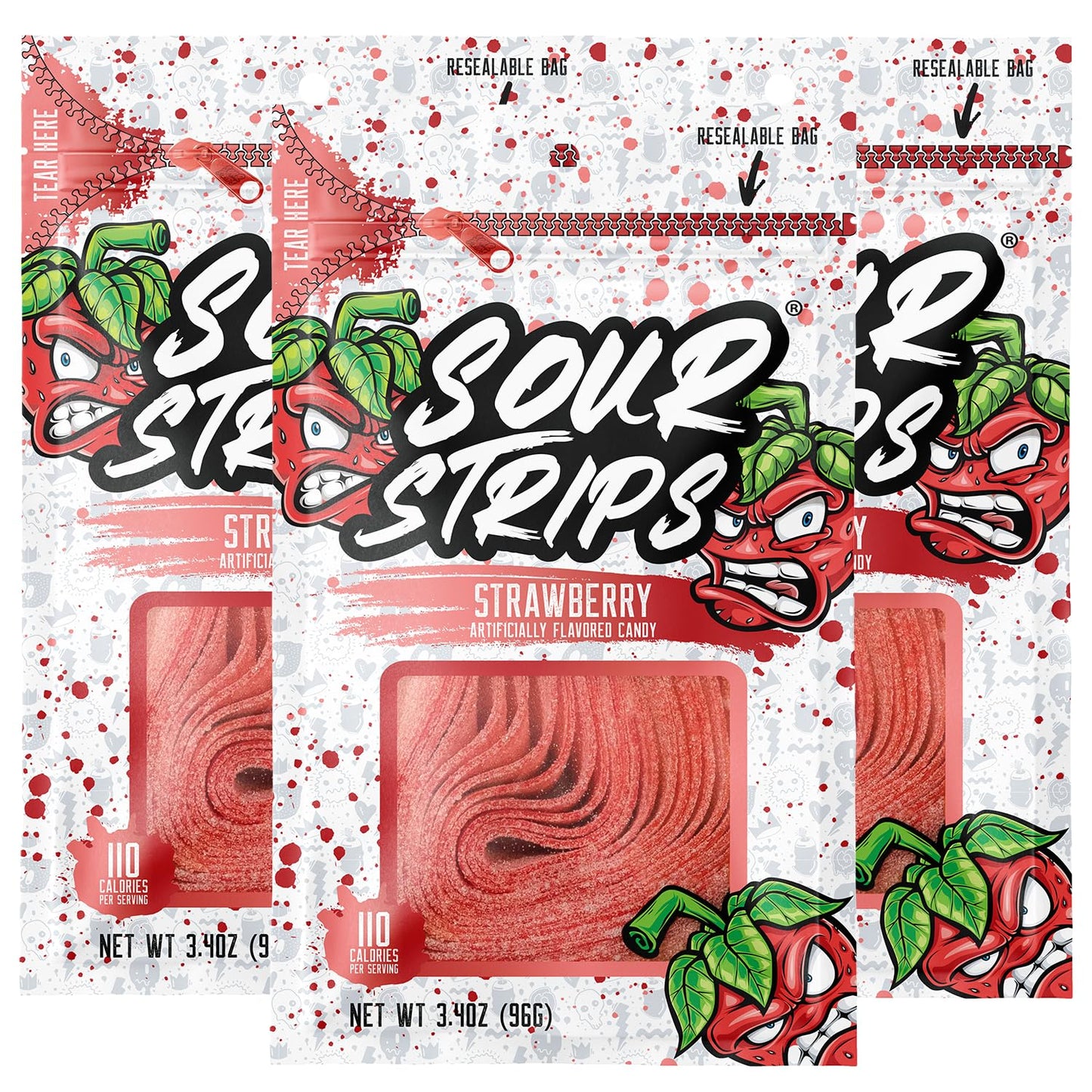Sour Strips Sour Candy Belts – 3-Pack Resealable Bags (Multiple Flavors)