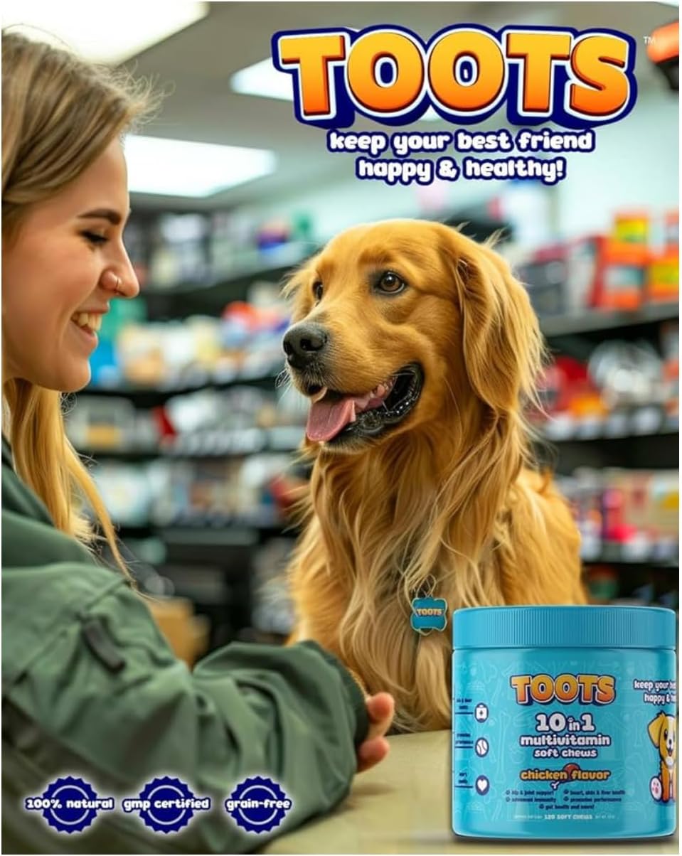 TOOTS 10-in-1 Multivitamin for Dogs – 120ct Chicken Flavor Soft Chews