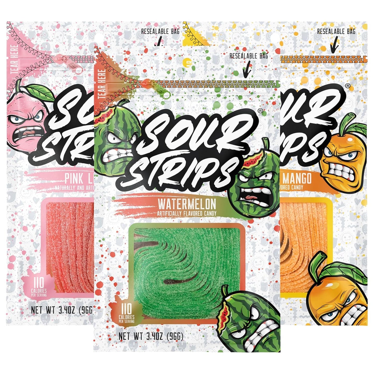 Sour Strips Sour Candy Belts – 3-Pack Resealable Bags (Multiple Flavors)