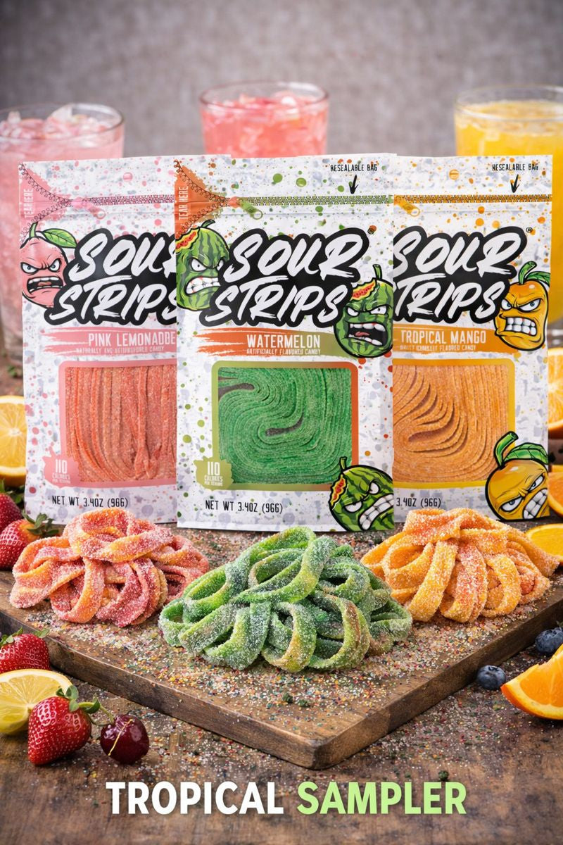 Sour Strips Sour Candy Belts – 3-Pack Resealable Bags (Multiple Flavors)