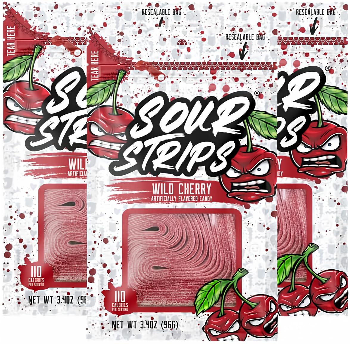 Sour Strips Sour Candy Belts – 3-Pack Resealable Bags (Multiple Flavors)