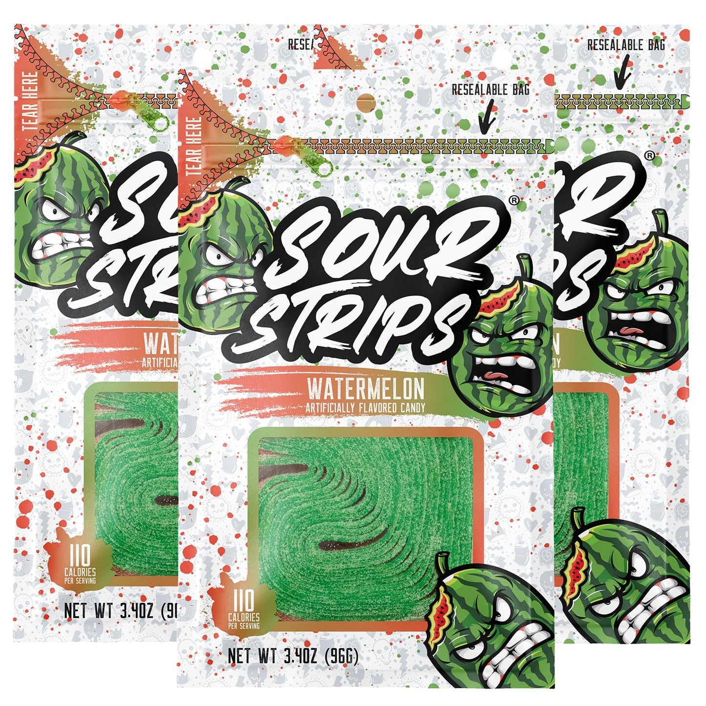 Sour Strips Sour Candy Belts – 3-Pack Resealable Bags (Multiple Flavors)